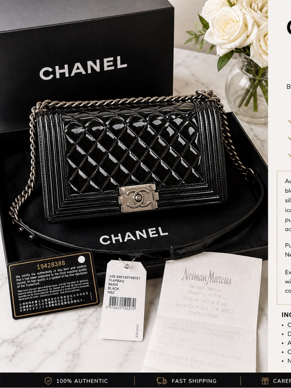 Chanel Boy Bag Medium Black Patent Leather Silver HW Full Set 2014 Authentic